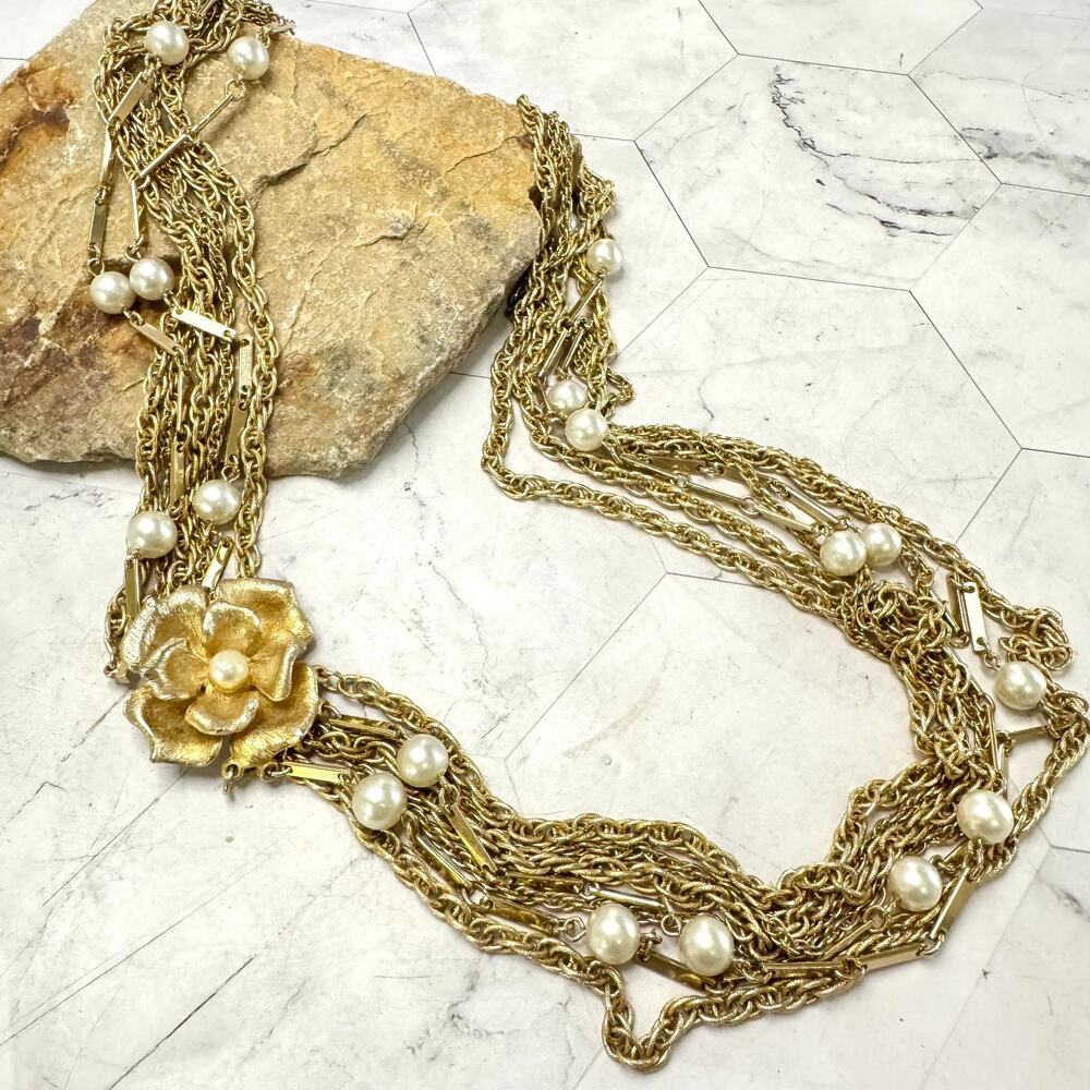 Vintage Multi Chain Necklace Gold Tone Layer Pearl Accents Flower Hook Clasp